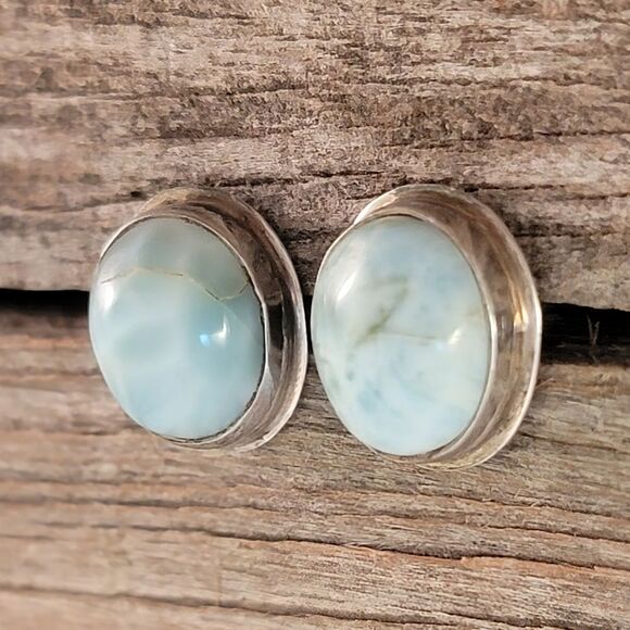 Sterling Bezel Set Oval Light Blue Larimar Post Studd Earrings - Picture 1 of 7